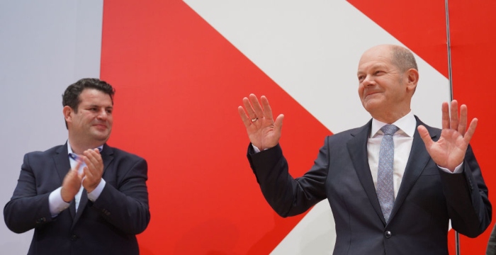 Nightly 9-27-21 photo 2 Olaf Scholz, chancellor candidate of the German Social Democrats, speaks to the media at the Federal Chancellery in Berlin following the SPD's narrow win in Sunday's federal elections.