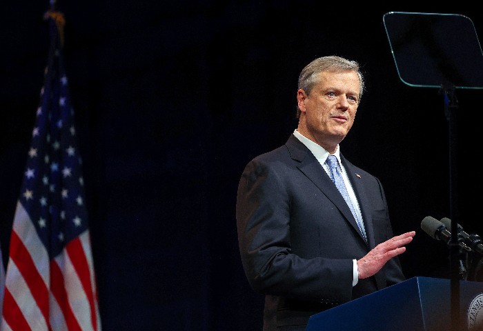 220125_CharlieBakerAddress_AP_700 Massachusetts Gov. Charlie Baker delivers the State of the Commonwealth address on Tuesday, Jan. 25, 2022, at the Hynes Convention Center in Boston.