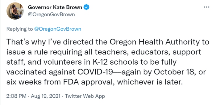 Nightly 8-19-21 tweet 2 Tweet on Oregon requiring teachers to get the Covid-19 vaccine