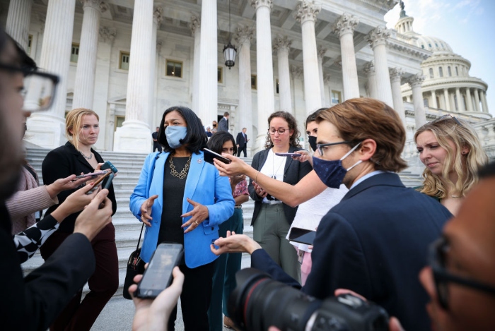 Nightly 9-29-21 photo Rep. Pramila Jayapal (D-Wash.) speaks to reporters as she leaves the U.S. Capitol.