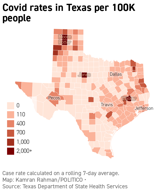 Covid rates in Texas per 100K people