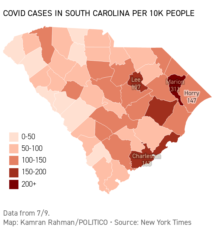 Nightly Graphic 7/10 Covid cases in South Carolina counties per 10K people