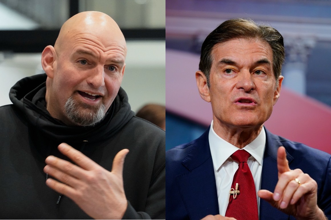 Lt. Gov. John Fetterman and Mehmet Oz are pictured in a side-by-side collage.