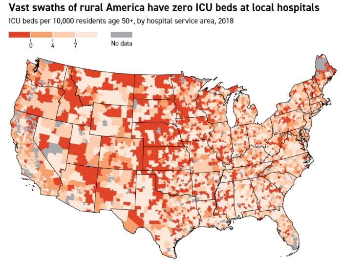 Map of ICU beds per 10,00 residents age 50+, by hospital service area, 2018