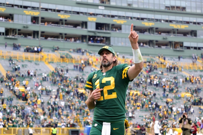 Nightly 11-4-21 photo Aaron Rodgers of the Green Bay Packers leaves the field following a game against the Washington Football Team at Lambeau Field on Oct. 24 in Green Bay, Wis.