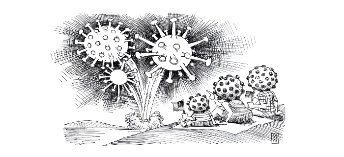 Matt Wuerker cartoon showing anthropomorphic coronavirus enjoying a fireworks display. 