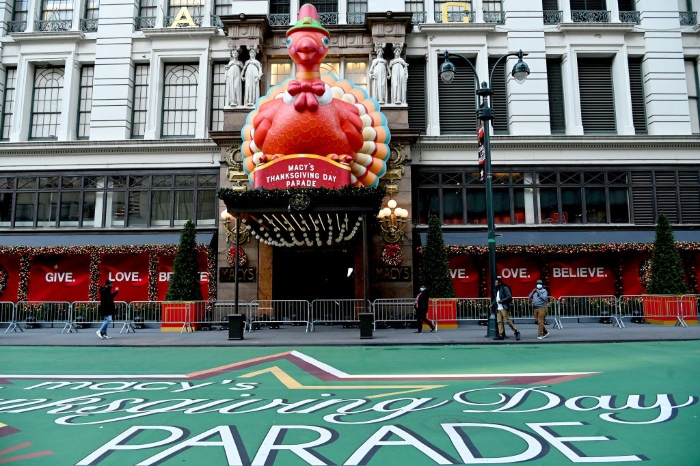 Decorations for the Thanksgiving parade are installed outside of Macy's in Herald Square in New York City. 