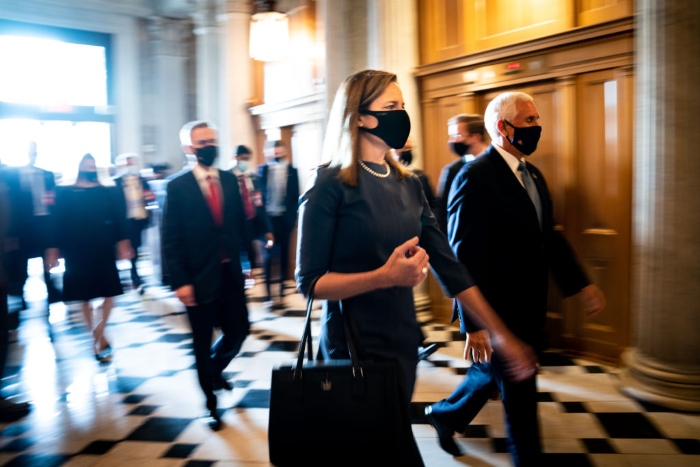 Seventh U.S. Circuit Court Judge Amy Coney Barrett, President Donald Trump's nominee for the U.S. Supreme Court, and Vice President Mike Pence arrive at the U.S. Capitol where Barrett is attending a series of meetings in preparation for her confirmation hearing.