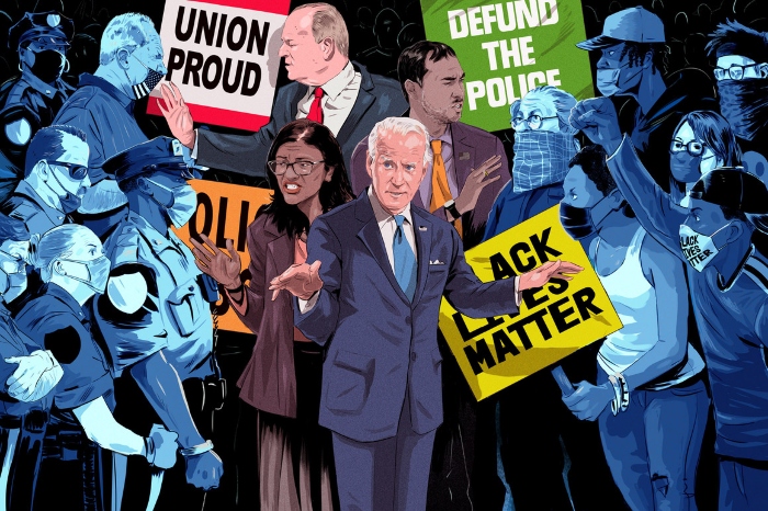 Illustration of Joe Biden and competing interest on policing