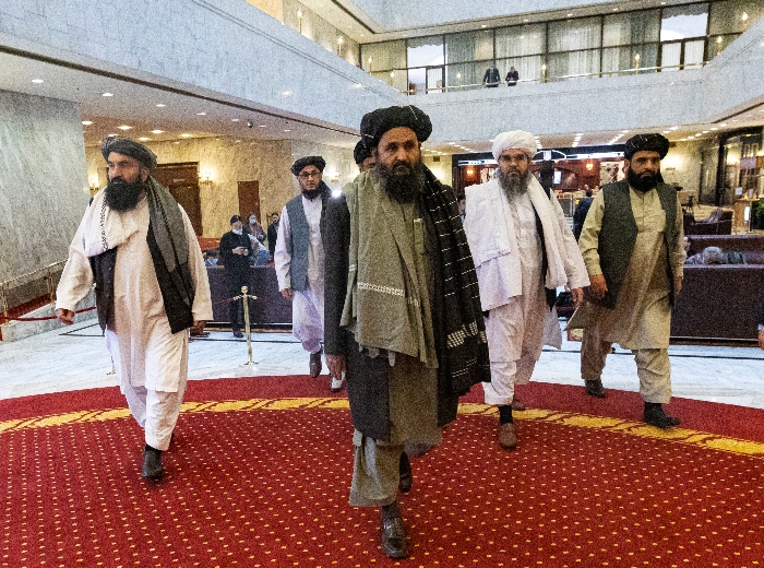 Nightly 8-19-21 photo 5 Taliban co-founder Mullah Abdul Ghani Baradar, center, arrives with other members of the Taliban delegation for an international peace conference in Moscow in March.