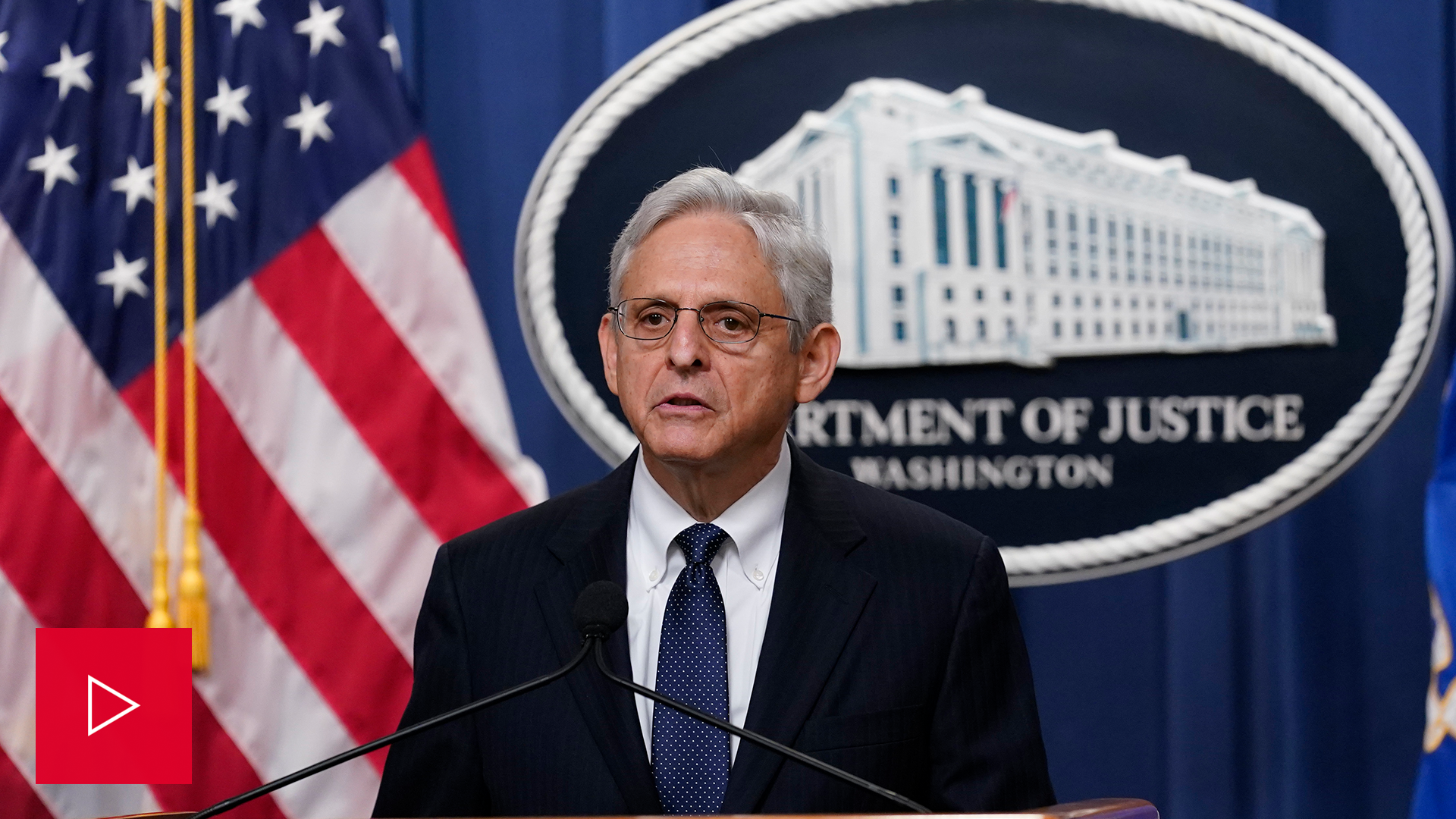 A video of Merrick Garland at a news conference. 