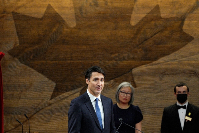 Nightly 8-13-21 photo 2 Canadian Prime Minister Justin Trudeau speaks at an event.