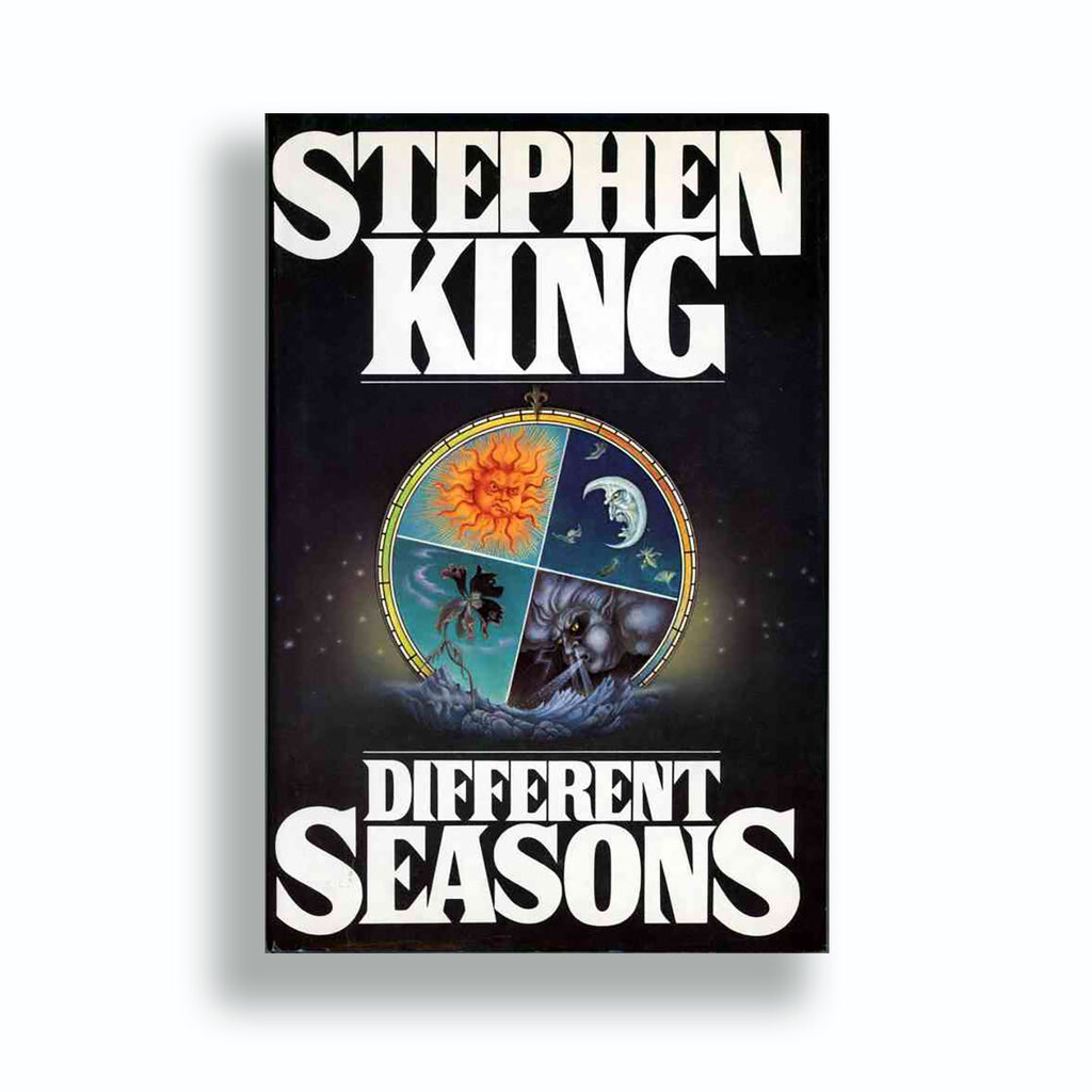 The book cover for "Different Seasons" has a circle divided into quarters, with different symbols (the sun, the moon, etc.) in each section.