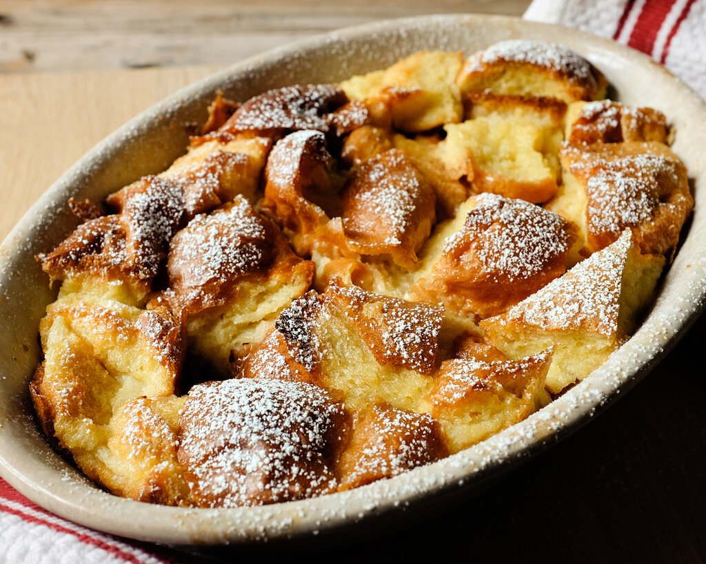 A top down view of bread pudding.
