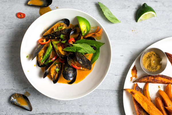 Red Curry Mussels and Roasted Sweet Potatoes