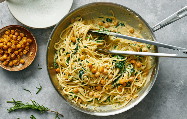 Creamy Chickpea Pasta With Spinach and Rosemary