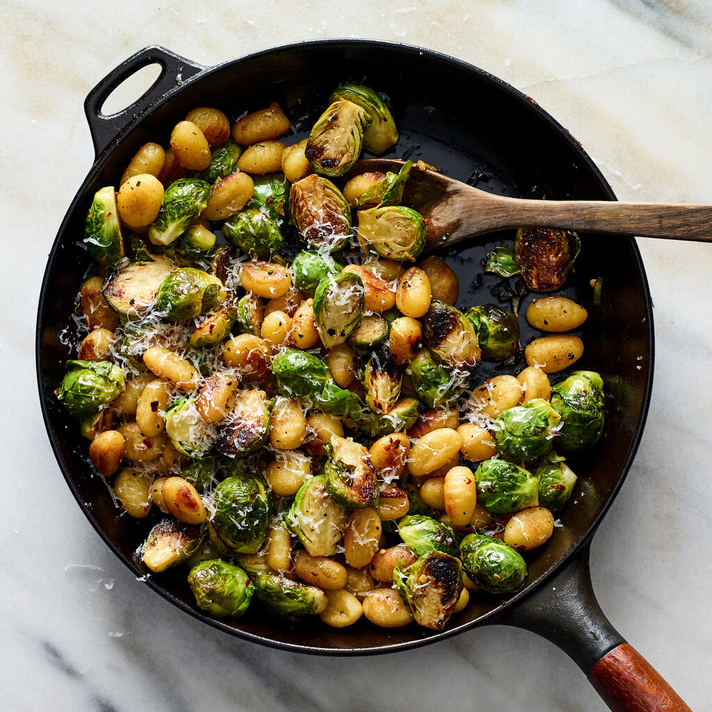 Top down view of crisp Gnocchi With Brussels Sprouts, Brown Butter and Lemon
