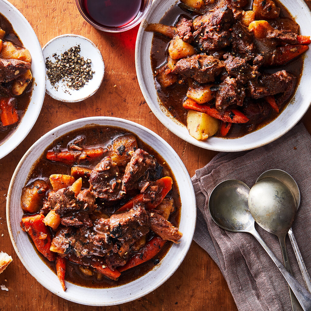 Top down image of Maple-Stout Beef Stew with Root Vegetables.
