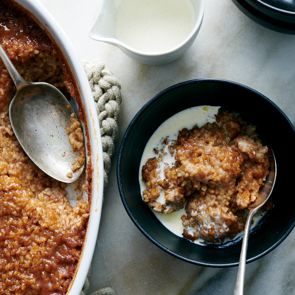 A top-down image of baked oatmeal in a dish.