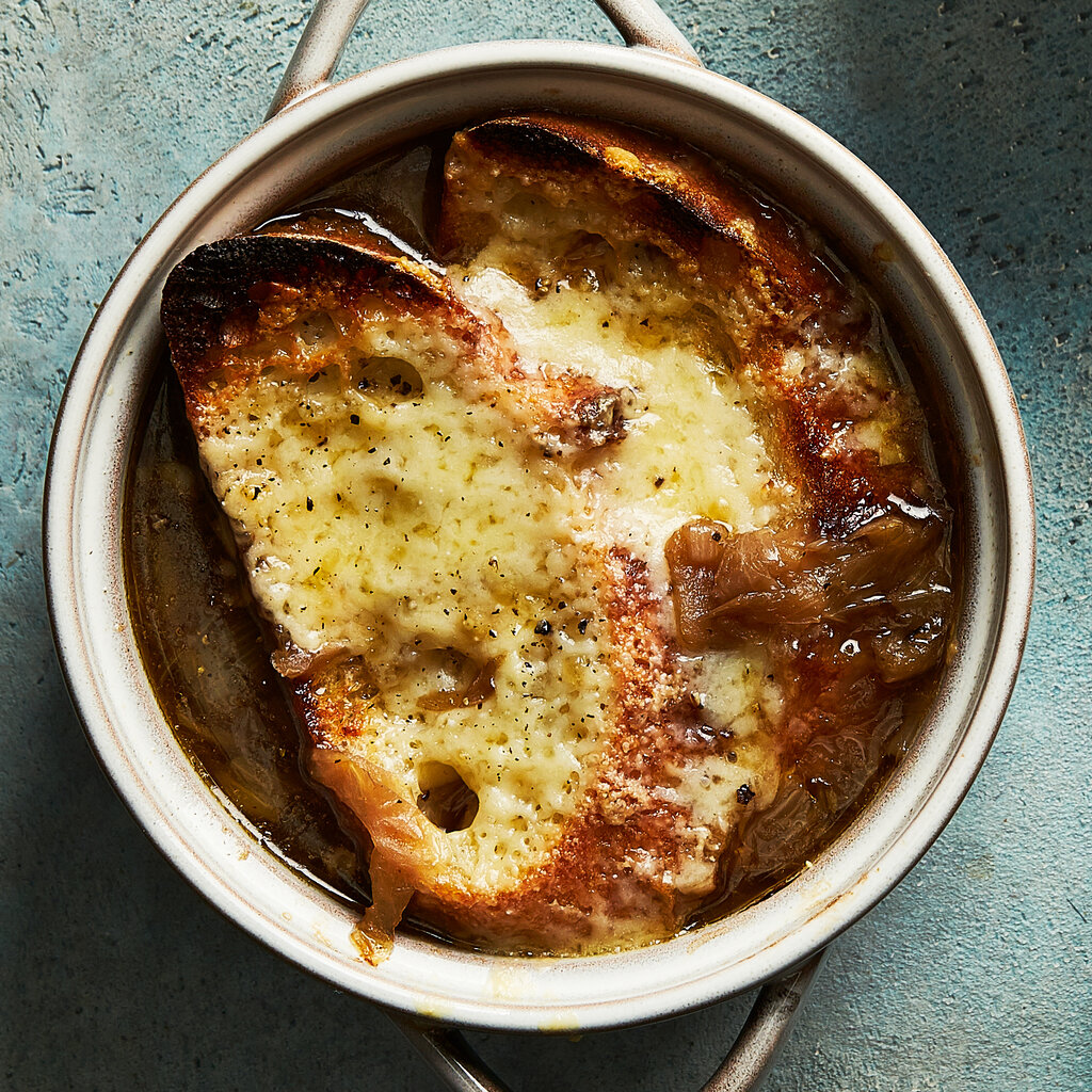 Top down view of French Onion soup. 