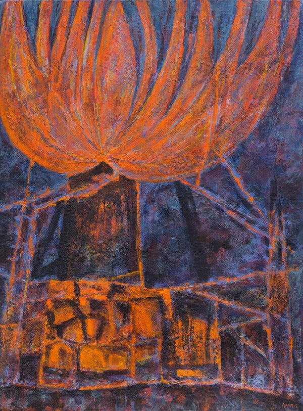 A painting with a deep bluish background and orange paint in the shape of flames, topping a dark rectangle, with geometric orange shapes at the bottom.