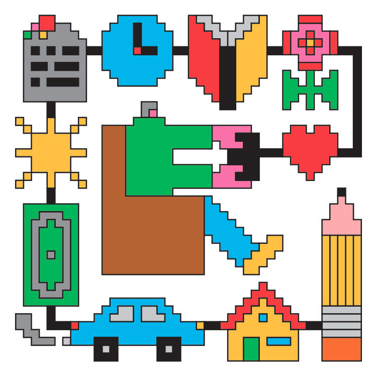A color illustration of a pencil, house, car, book, flower, clock and other objects, all pixelated and connected by a black line.