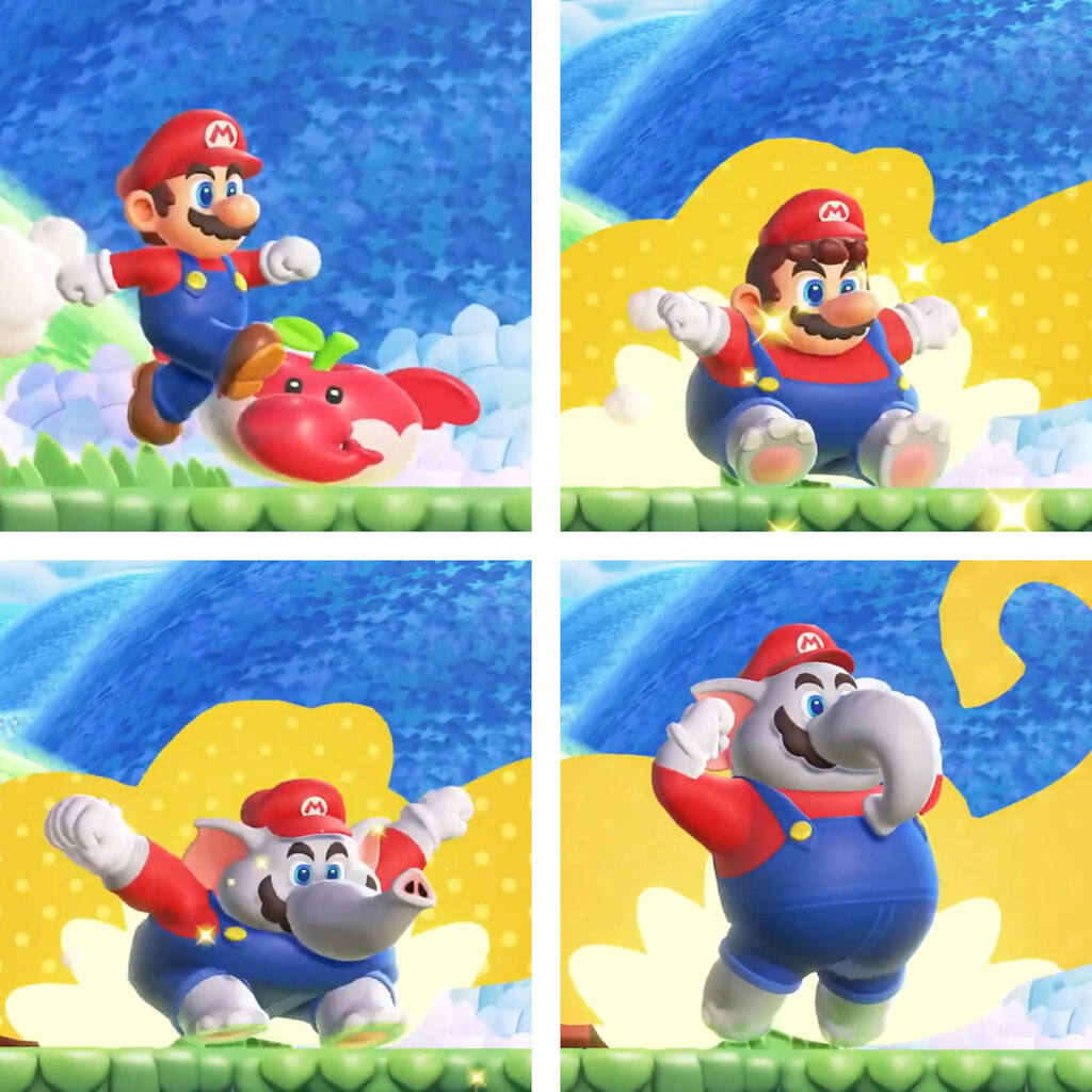 A grid of four video game screens, showing Mario touching an apple-like fruit and turning into a gray elephant wearing Mario’s clothes.