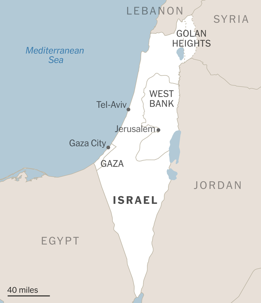 A map of Israel showing areas including Gaza, the West Bank and the Golan Heights.