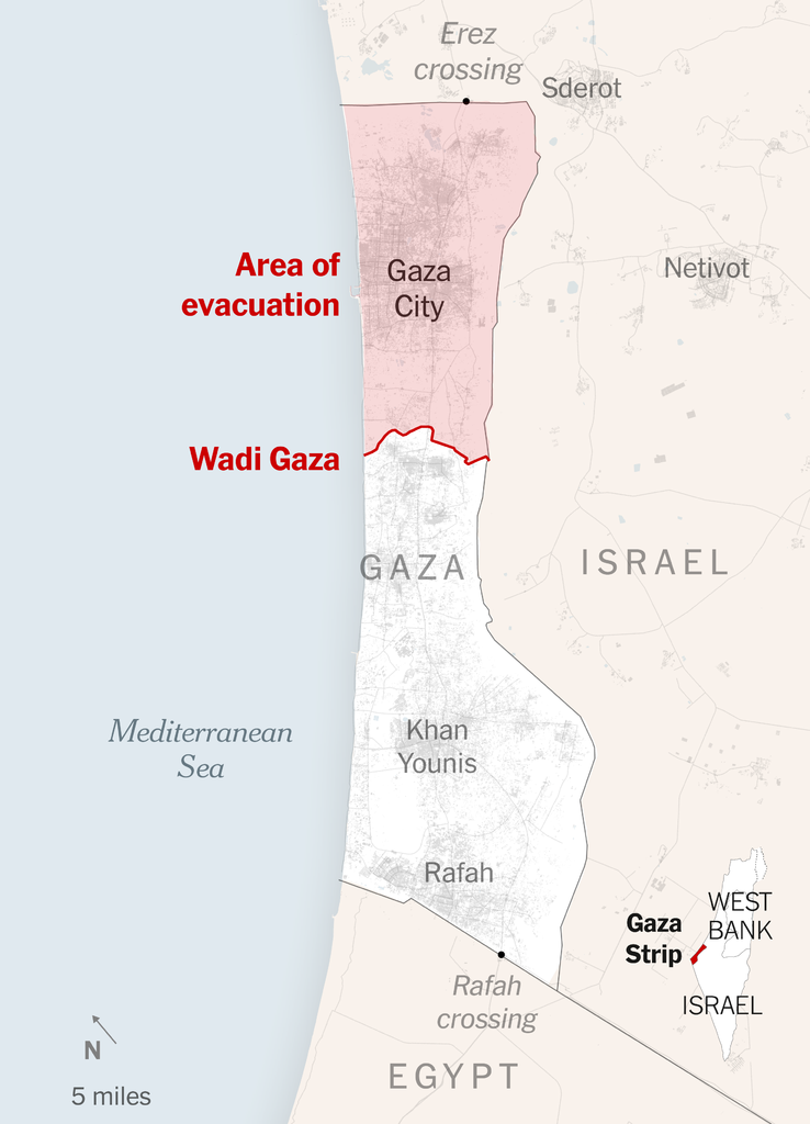 A map showing the area Israel has ordered evacuated, which includes the densely populated Gaza City and stops at Wadi Gaza.