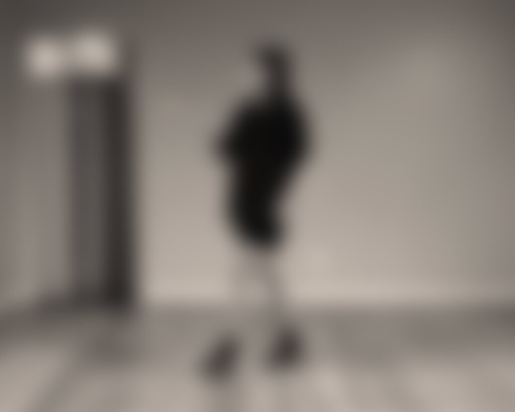 A blurry figure accompanied by the text, "Camille walks a diagonal. Her gaze toward the ceiling falls."