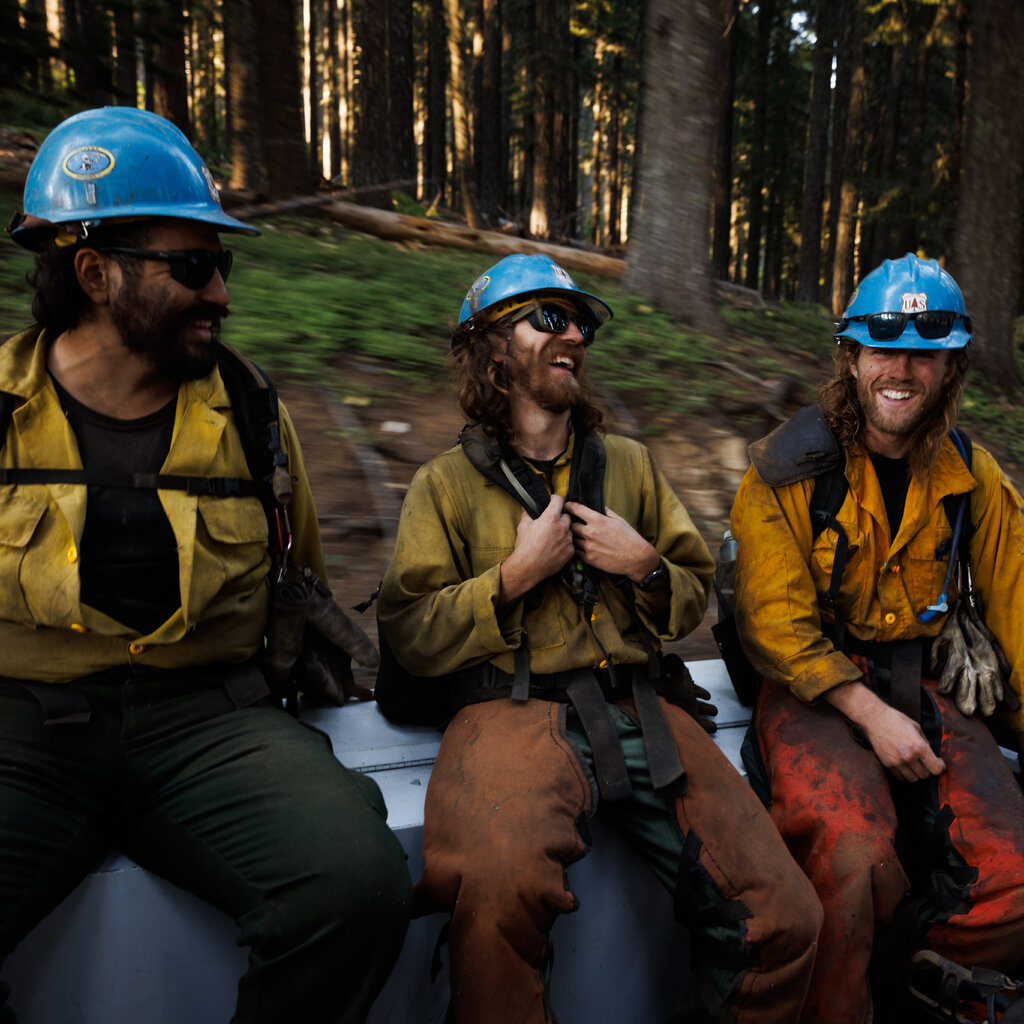 Three firefighters, wearing blue helmets, sit in the back of a truck bed while it is driving through a forest.