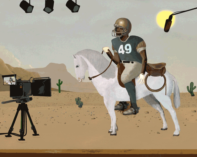 An animation of a football player on a horse pretending to walk in the desert.