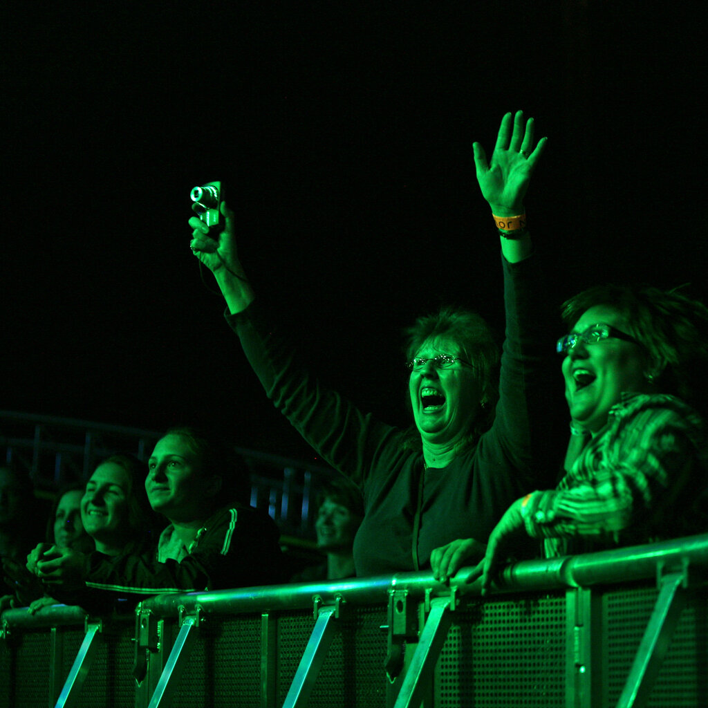 Excited concert goers are lit up by green light coming from a stage.