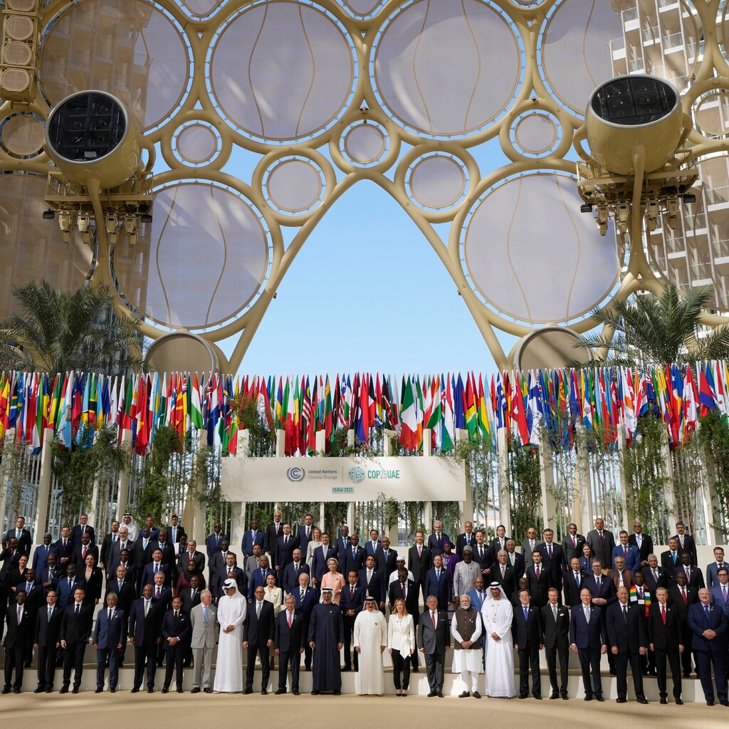 People in suits and traditional dress stand under world flags. 