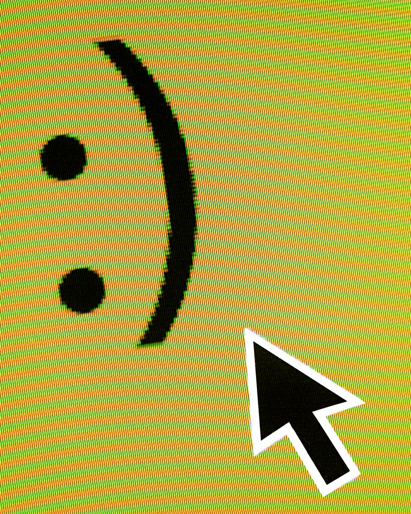 A pixelated close-up of a smiley face oriented sideways. A black-and-white mouse icon hovers in the bottom right.