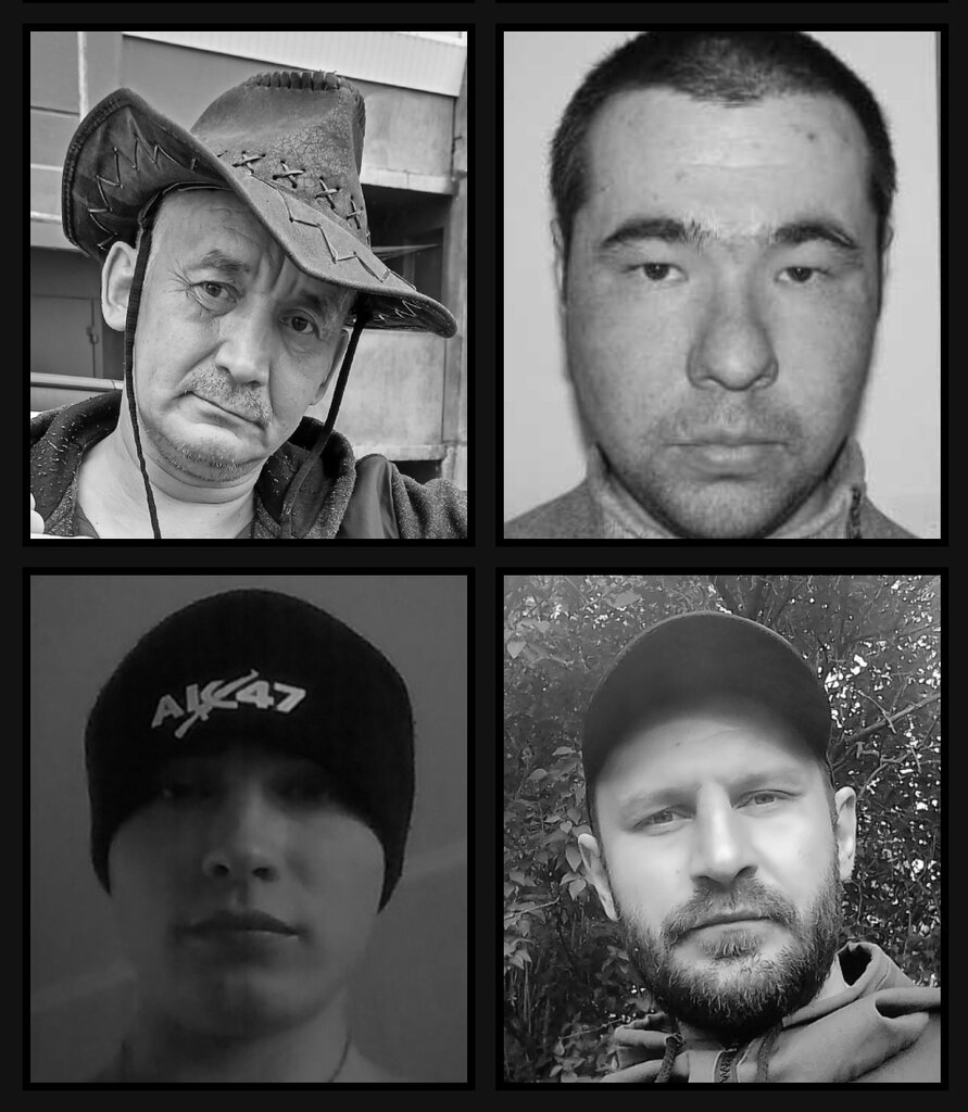 The headshots of four Russian men in black and white looking at the camera. Three are wearing hats: a cowboy hat wear, a beanie with “AK47” written on it and a ball cap. 