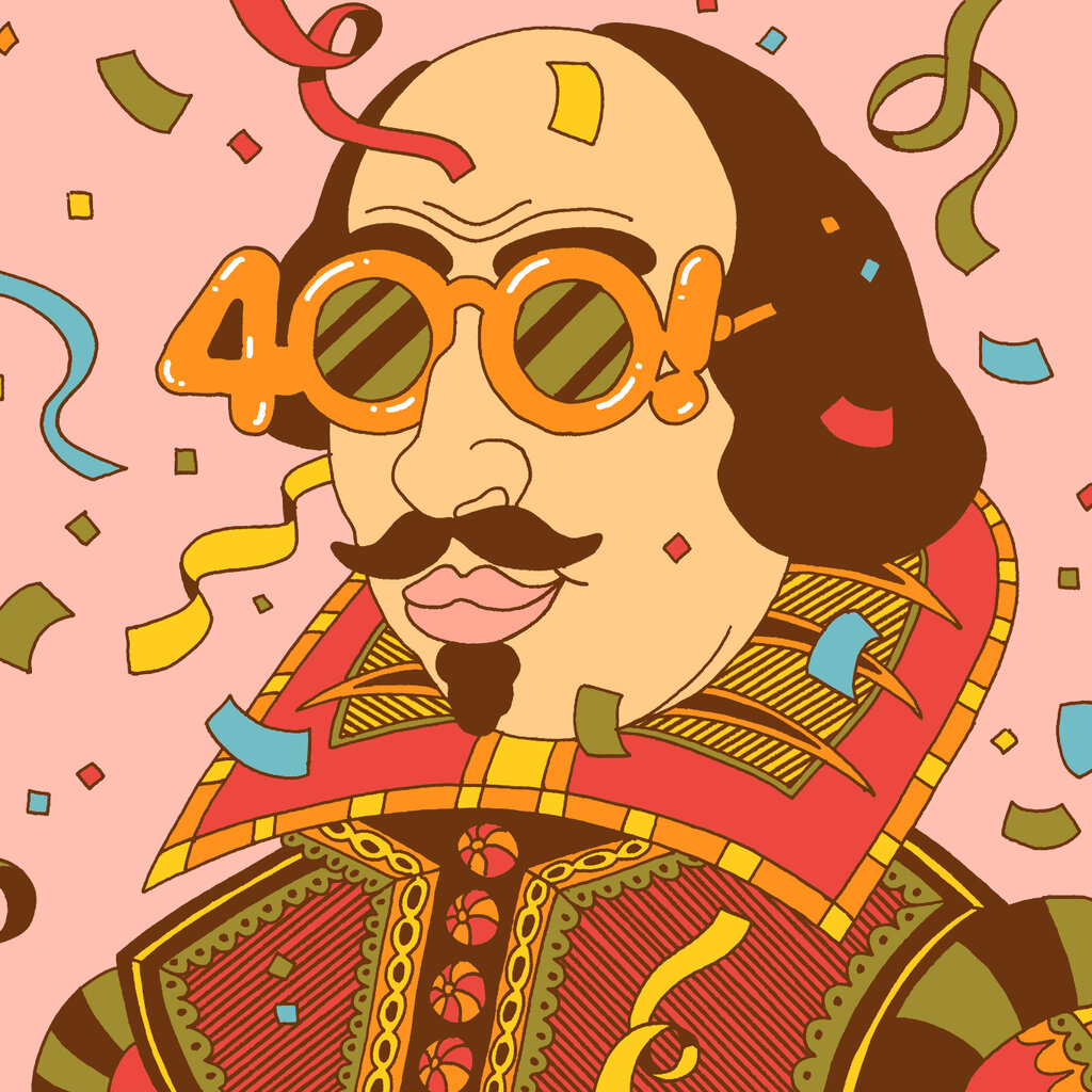 A colorful illustration in which Shakespeare is depicted wearing a pair of sunglasses shaped like the number 400. 