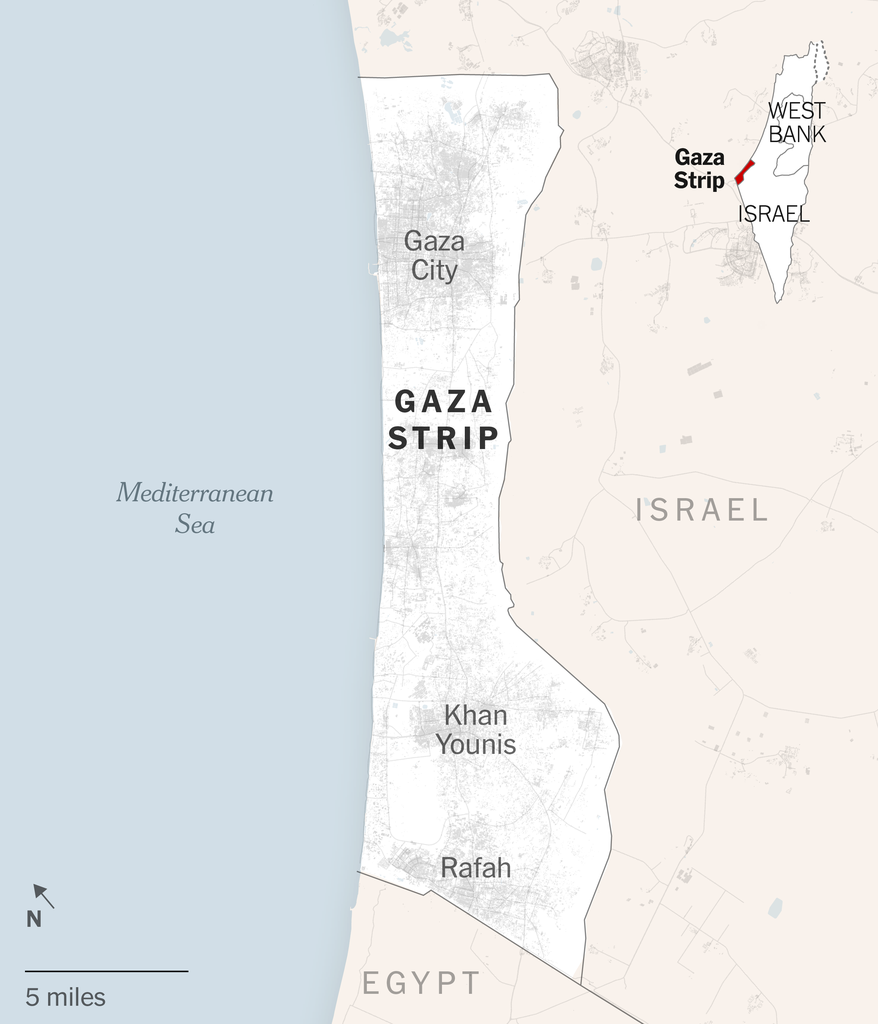 A map showing the Gaza Strip, and major cities like Gaza City, Khan Younis and Rafah.