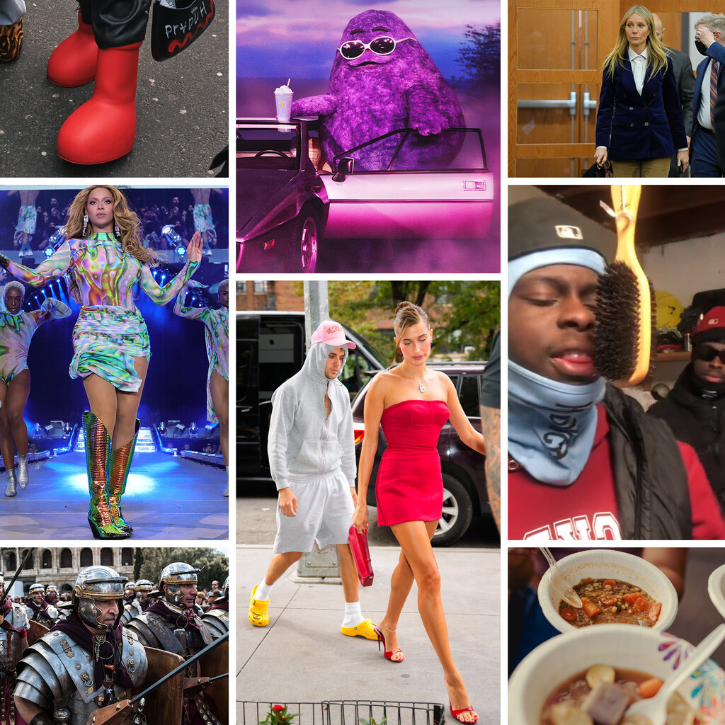 A composite photo of red boots, Grimace, Gwyneth Paltrow, Beyoncé, Hailey and Justin Bieber, a man in a cap performing with a hairbrush, men dressed as Roman soldiers and a bowl of chunky soup. 