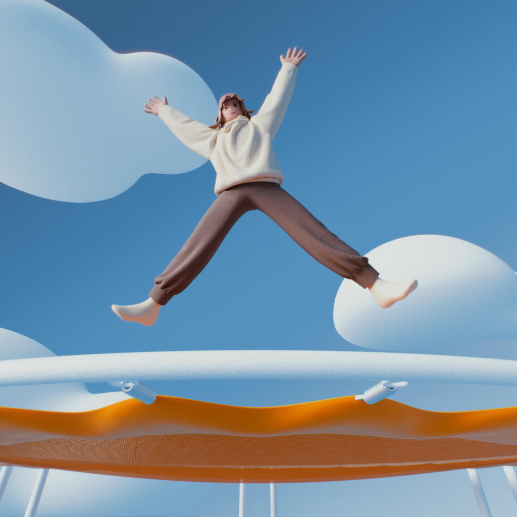 An illustration of a person in comfortable clothing jumping on an orange trampoline. Their arms and legs are extended. There is a blue sky with fluffy white clouds in the background. 