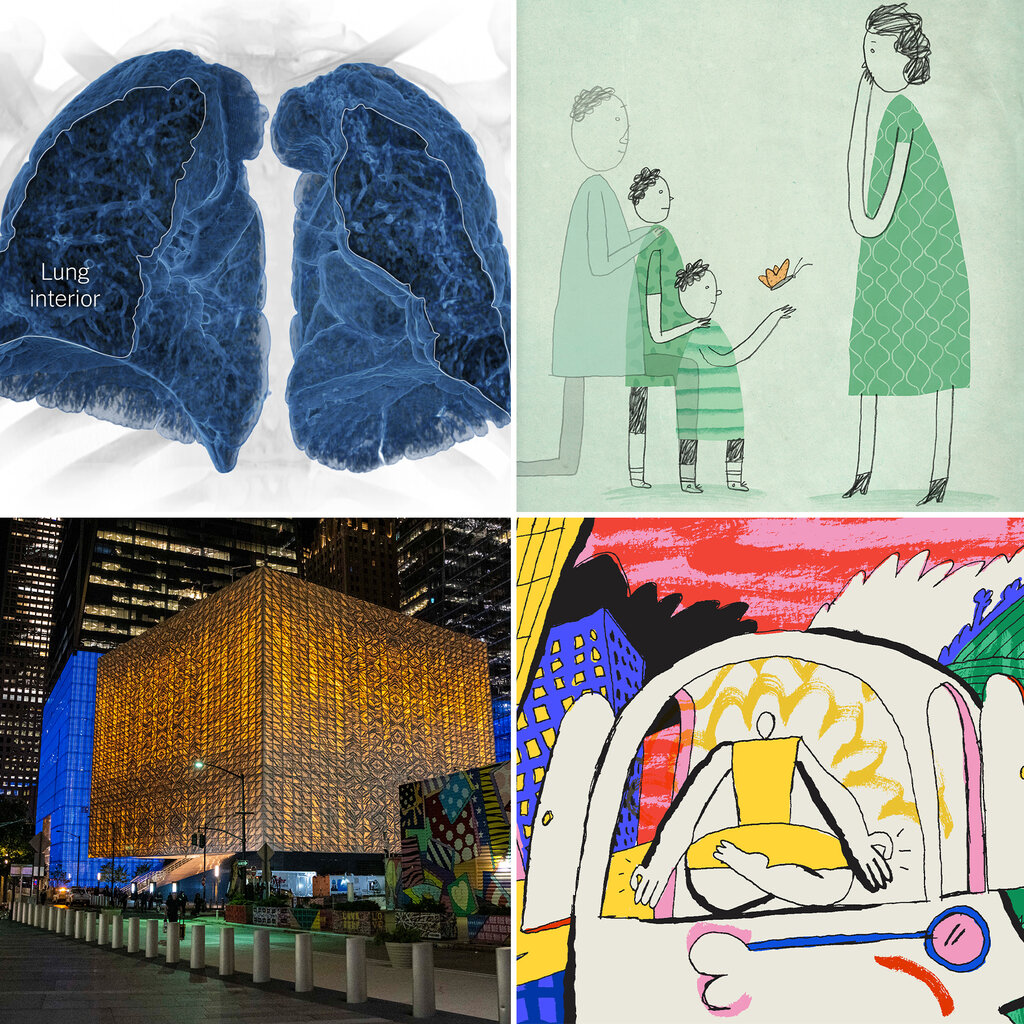 A four images composite. Top left, computer graphic image of human lungs. Top right, an illustration of a child and mother. Bottom left a photo of a illuminated building. Bottom right, an abstract illustration of a person meditating. 