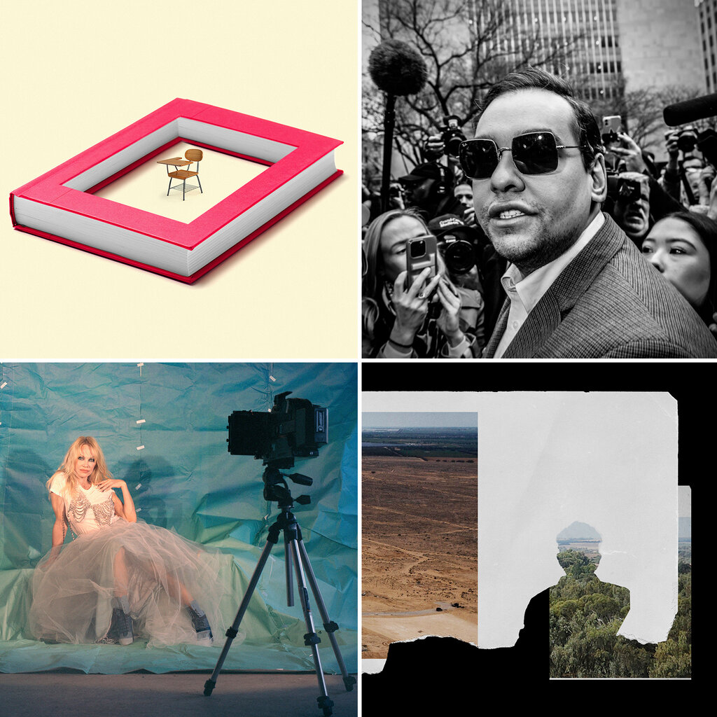 A composite of four images, clockwise from top left: an illustration of a book with a desk in the middle of the book; a black-and-white photo of George Santos wearing sunglasses; an abstract illustration of landscapes and the silhouette of a person; and Pamela Anderson at a photo shoot.