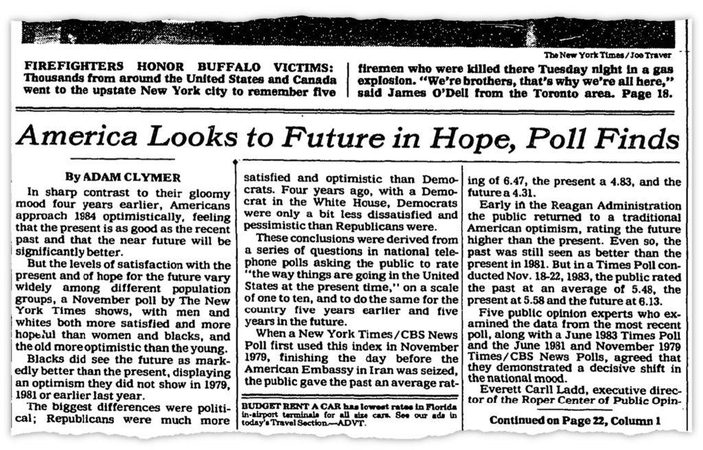 A headline from an old New York Times, reading, “American Looks to Future in Hope, Poll Finds.”