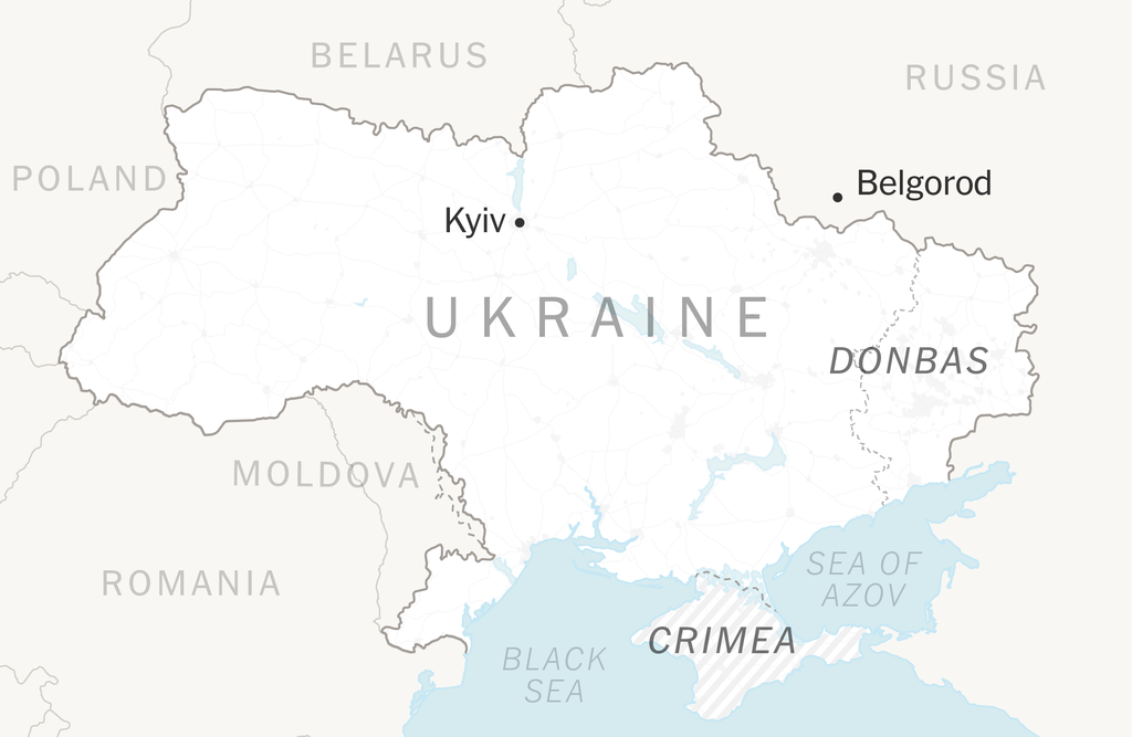 A map of Ukraine shows Ukraine’s capital city Kyiv and Russian city Belgorod near the Ukraine’s northeast border.