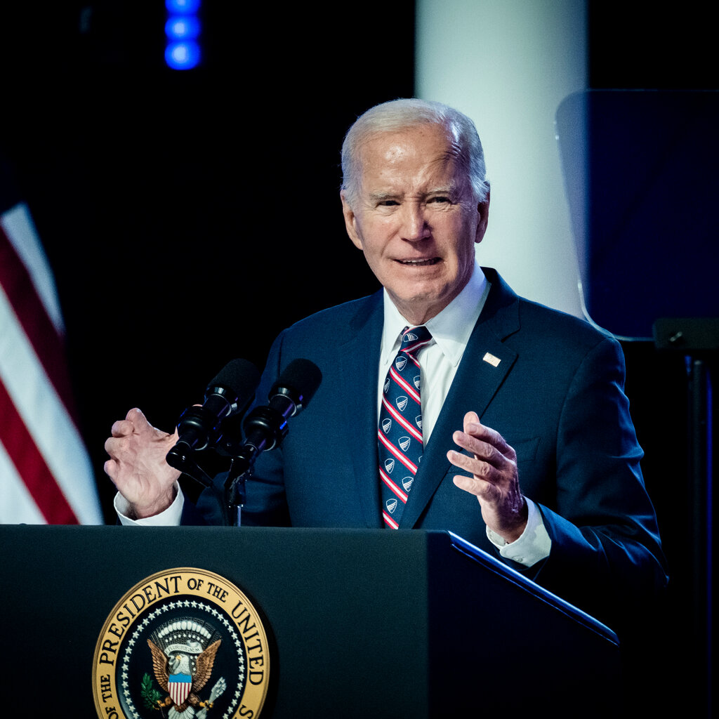 President Biden speaking on Friday in Blue Bell, Pa., with American flags in the background.