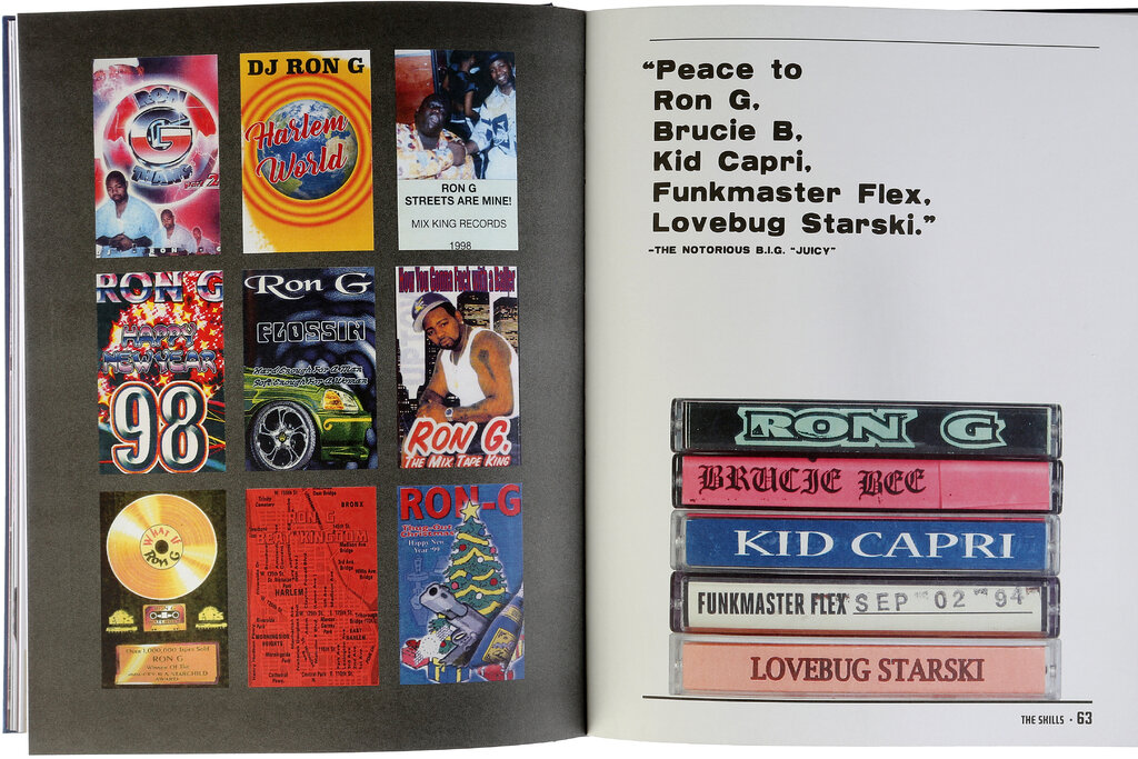 A spread of pages from a book show nine tape covers (on the left side) and a small stack of cassettes on the right, with lyrics from a Notorious B.I.G. song printed above them.