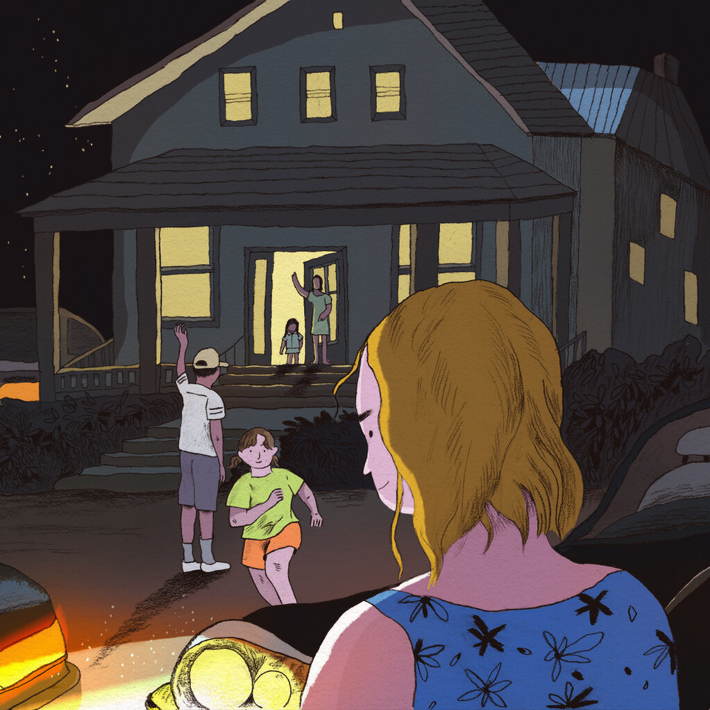 An illustration of parents picking up their child late at night. One parent waves from the front yard while another parent and child wave from the front door.