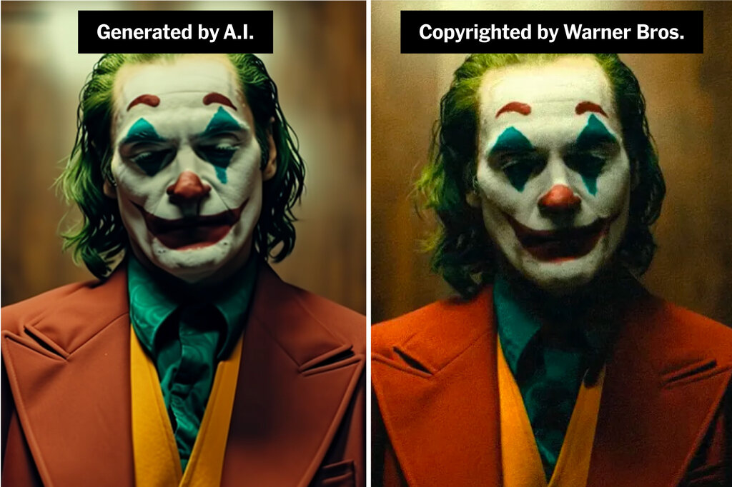 A diptych of two similar images of Joaquin Phoenix in “The Joker.” The image on the left has a label that says "Generated by A.I." The image on the right says "Copyrighted by Warner Bros."