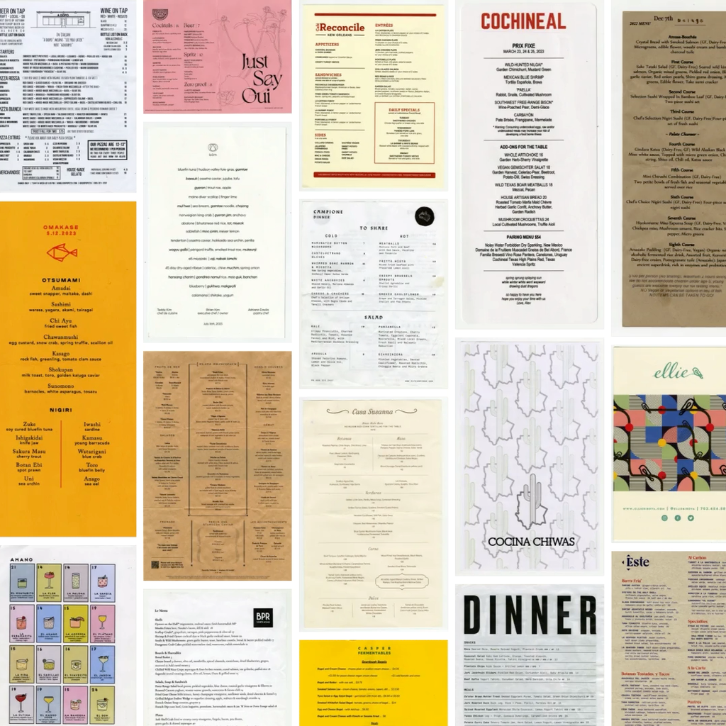 A collage of colorful menus.