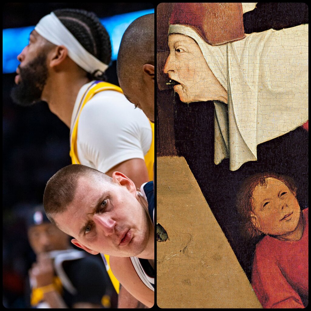 In side-by-side images, the one on the left shows two basketball players, one of which is bending over and looking toward the camera, while the one on the right is a painting of people in a similar pose.